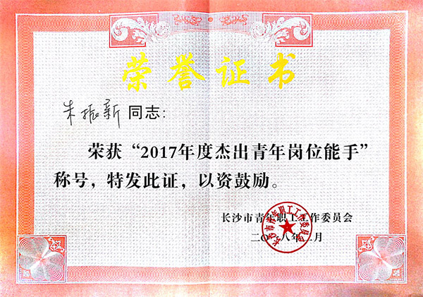 GA黄金甲智能朱振新荣获长沙市2017年度杰出青年岗位能手