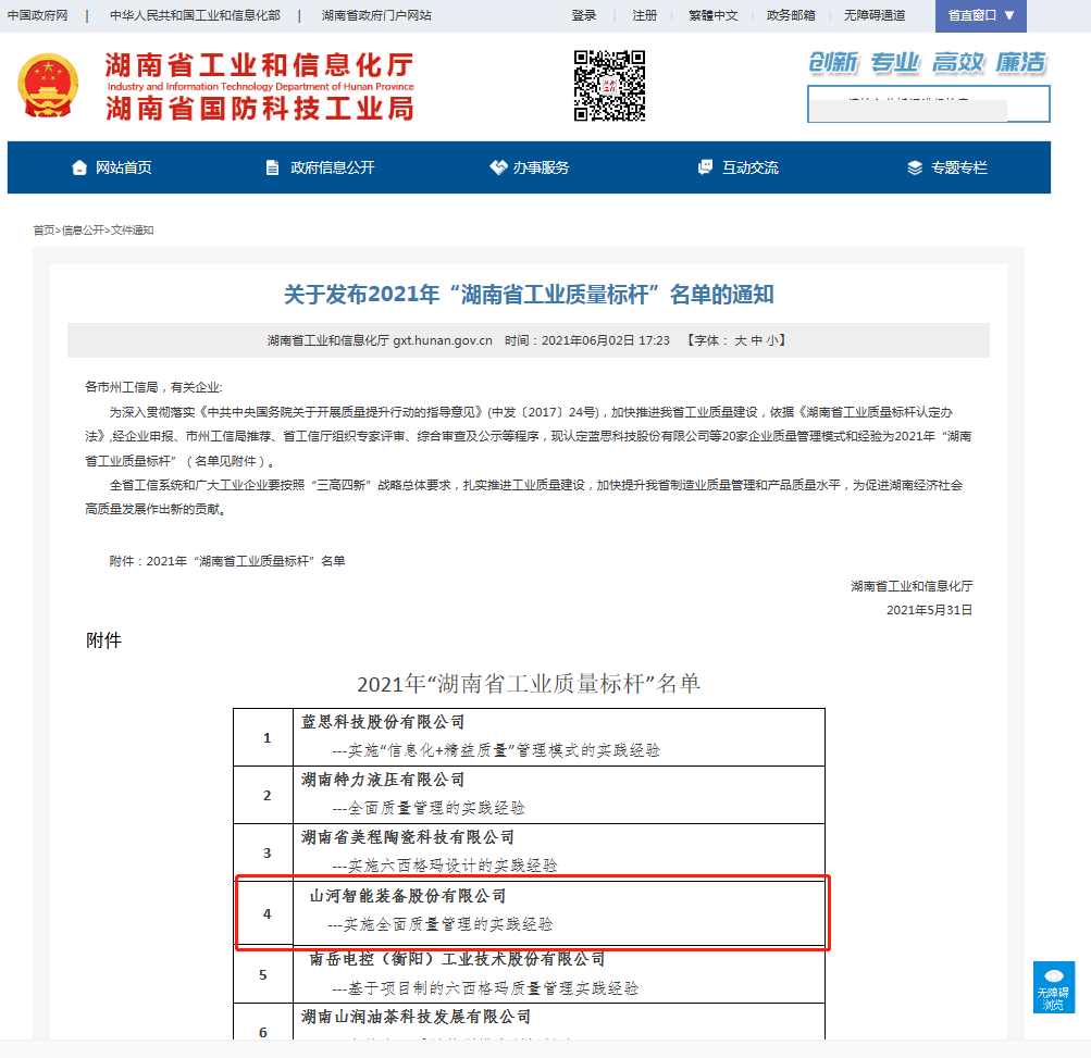 GA黄金甲智能荣获湖南省工业质量标杆企业